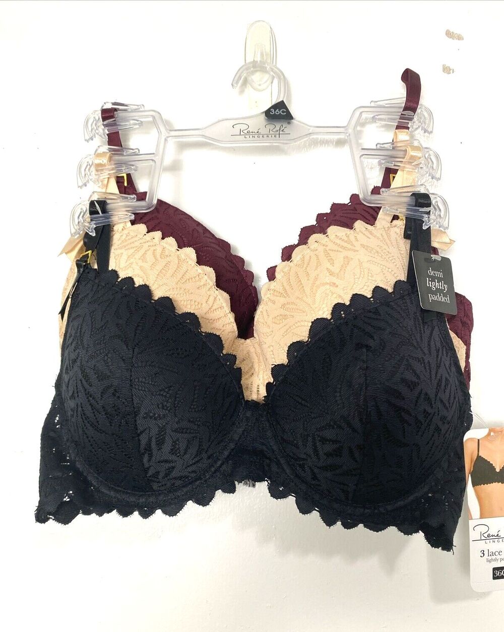 Rene Rofe Bra Size 36C Lace Black Beige Burgundy 3 Pack Underwire Adjustable